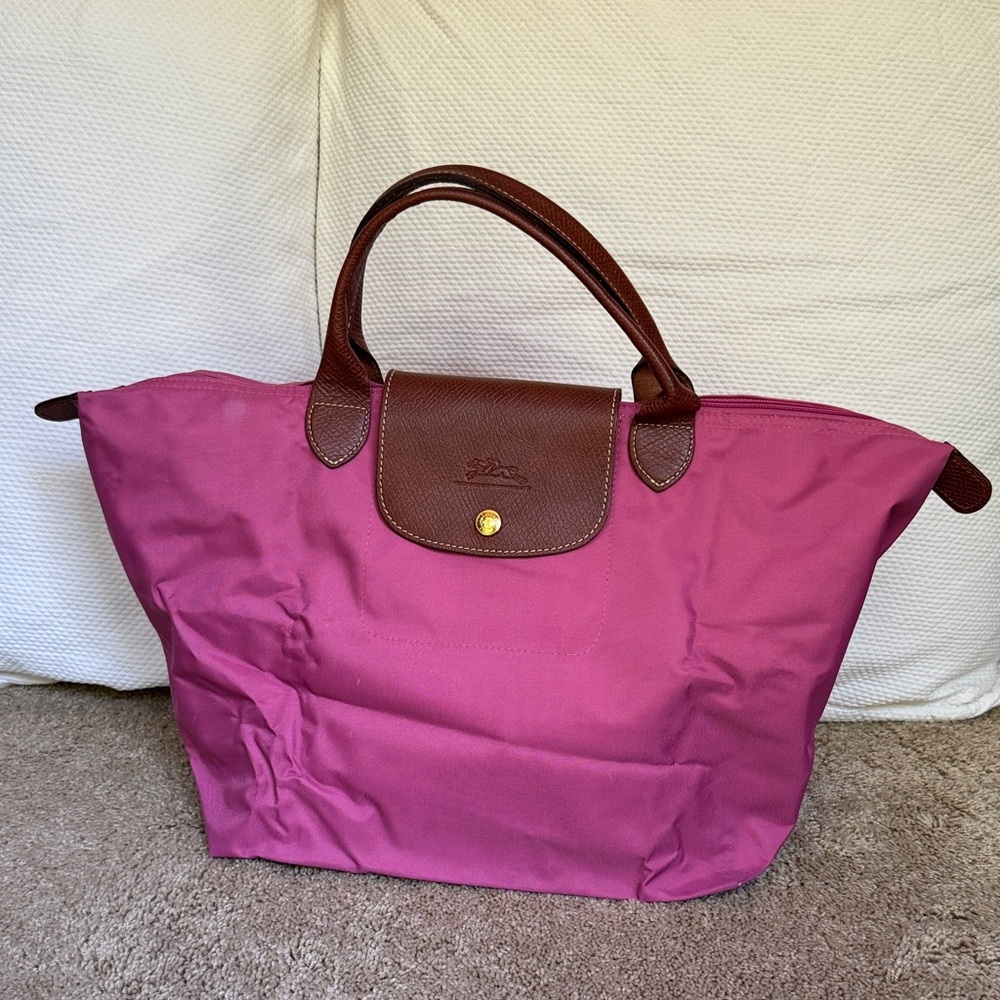 Longchamp Fuchsia Tote with Brown Accents